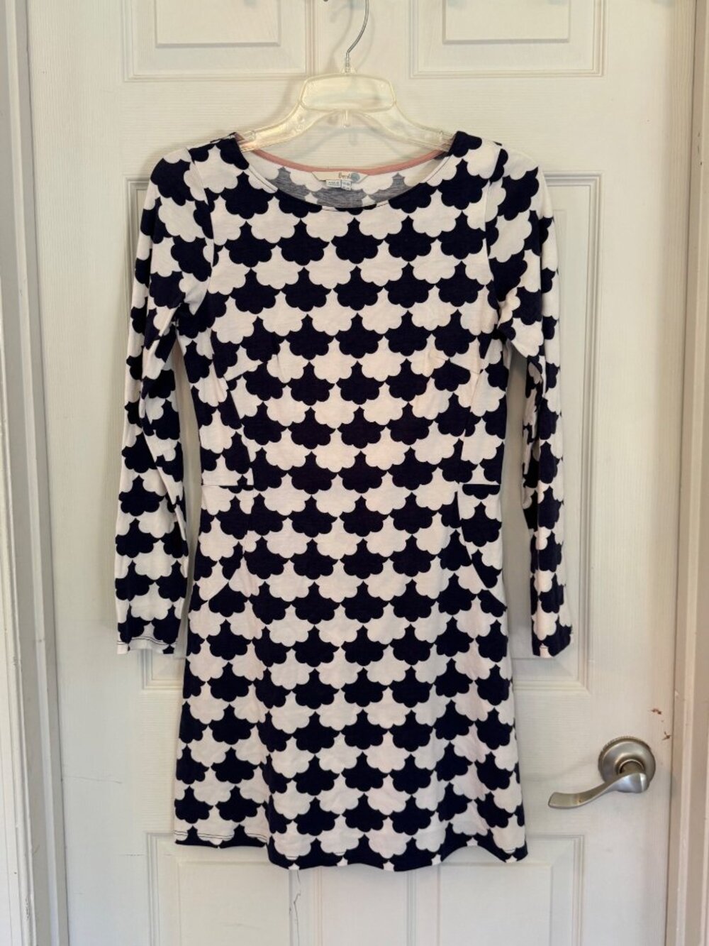 Boden Blue White Scallop Jersey Knit Tunic Dress Long Sleeve Sheath Mini US 4R - Picture 3 of 10